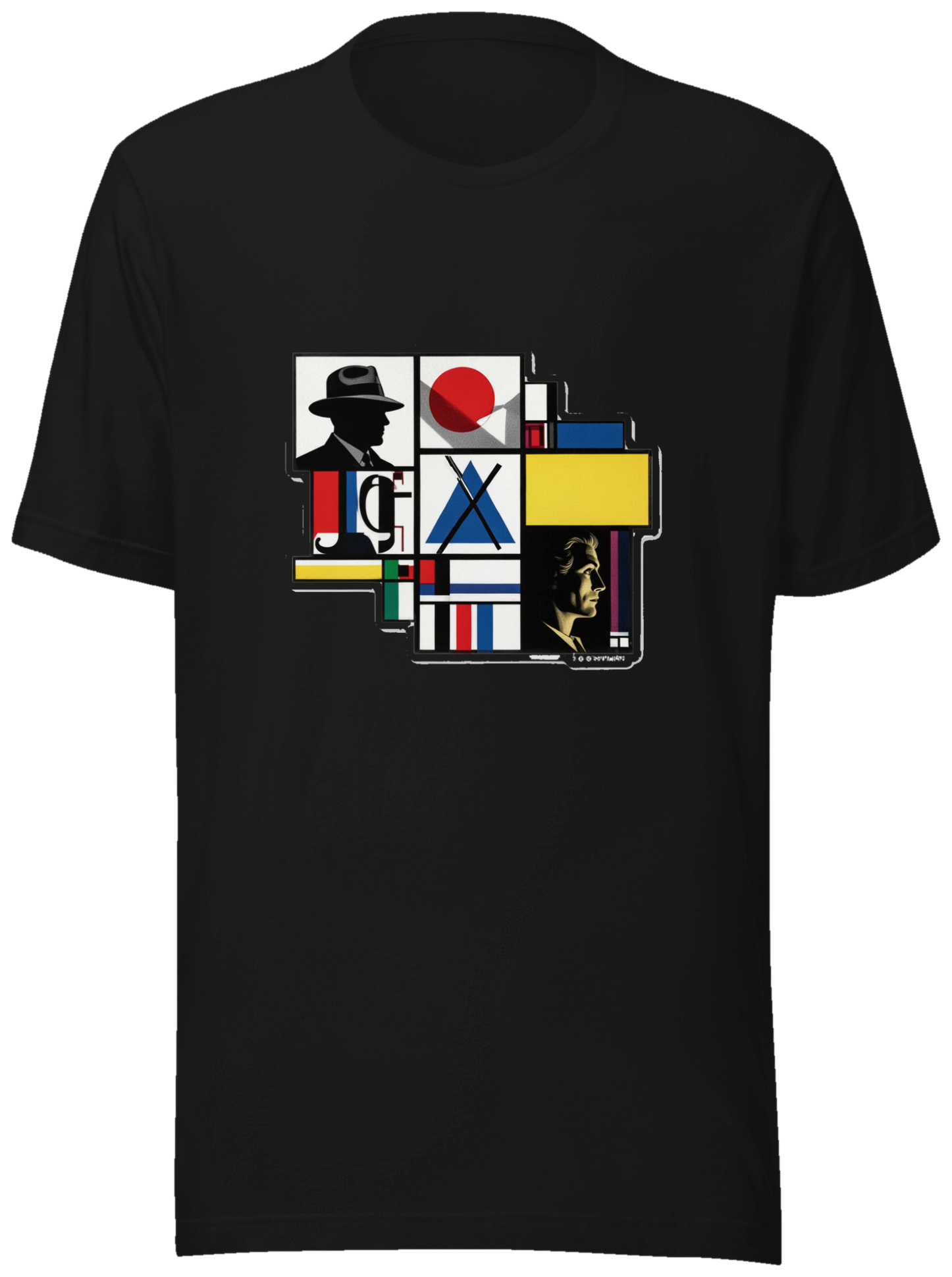 Geometric Noir Frame — Bauhaus geometry × noir comic panels on a tee
