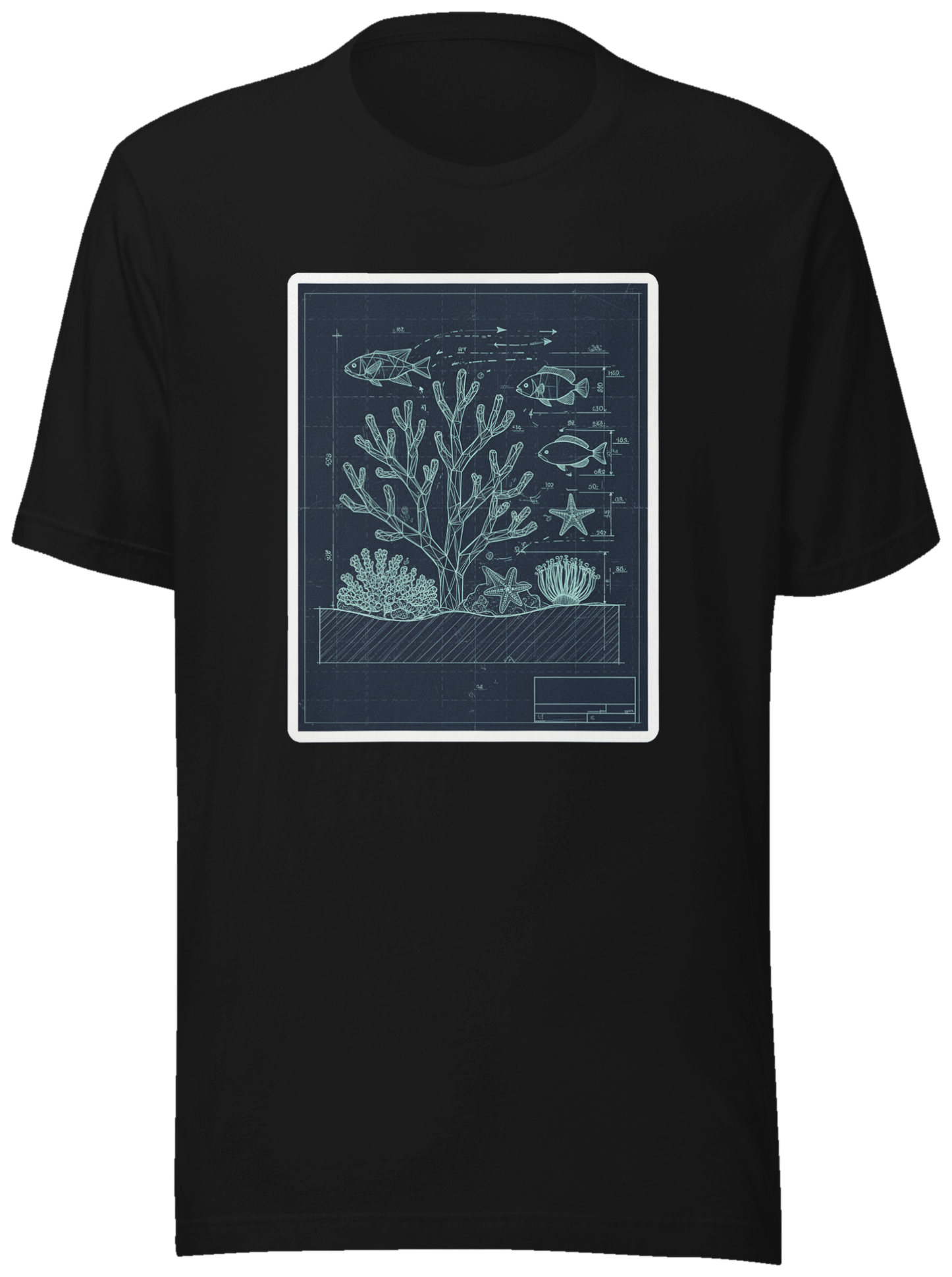 Reef Blueprint — Coral reefs × blueprint schematics on a tee